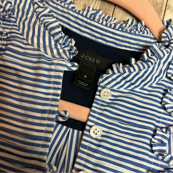 J. Crew Striped Blouse Size 0 Blue, Navy, and White with Button Front and Ruffle - Picture 2 of 3